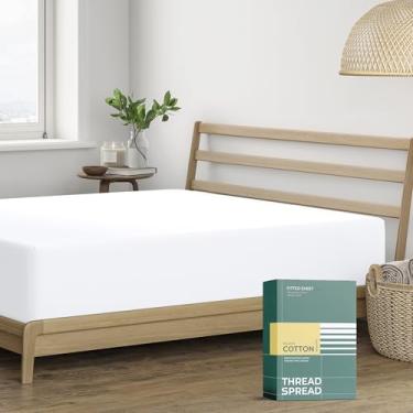 Imagem de THREAD SPREAD Lençol solteiro 100% algodão orgânico, tecido percal, branco, 1 lençol com elástico alto, para colchões de até 40,6 cm, roupa de cama de luxo com certificação GOTS