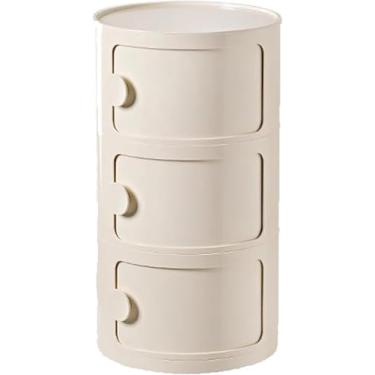 Imagem de Mesa De Cabeceira Redonda Com Gavetas, Pequena Mesa De Cabeceira Com Armazenamento, Armário De Armazenamento Com Portas De Correr, Mesa De Cabeceira Estreita, Baú De Mesa De, Beige a, 3 tier
