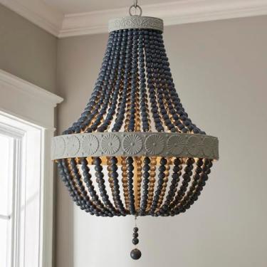 Imagem de Lustres Saint Mossi Farmhouse, luminária pendente de contas de madeira com design vintage, D18 x H26, correntes ajustáveis de 150 cm, 4 soquetes E12, acabamento preto rústico e moldura de metal com