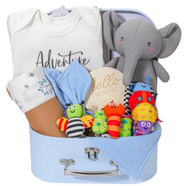 Imagem de Presentes para bebês meninos para chá de bebê, cesta de presentes inclui cobertor para recém-nascido, meias essenciais para chocalho infantil, brinquedos de elefante, macacão