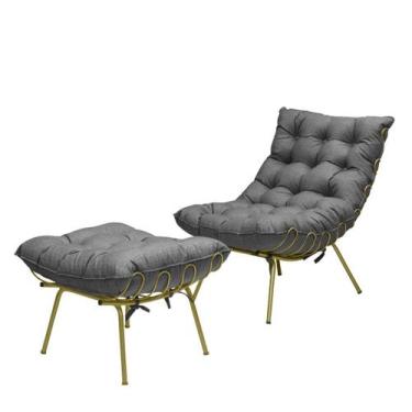 Imagem de Poltrona Costela Luxo com Puff Adão Dourado - Linho Grafite - METAL MO