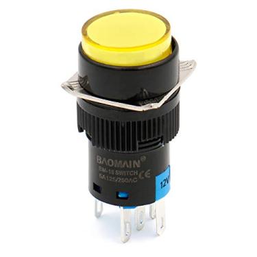 Imagem de Baomain Interruptor De Botão Pressão Momentâneo 5/8" 16 Mm Com Tampa Redonda, Lâmpada Led, Luz Amarela, Dc 12V Spdt, Pacote 5 Pinos