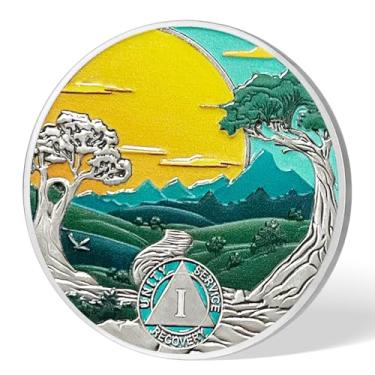 Imagem de Imasoner Moeda de sobriedade de 1 ano - Medalhão de paisagem florestal AA/NA/HA com oração de serenidade | Presente de aniversário de recuperação para homens e mulheres | Chip anônimo de Alcoólicos
