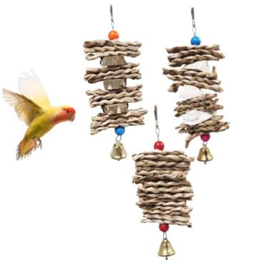 Imagem de 3 peças de brinquedos de papagaio, brinquedo de pássaro mastigável, bico de espinha, moagem de madeira, gaiola de madeira, brinquedos para pendurar com sino para periquito conure, periquito, calopsita