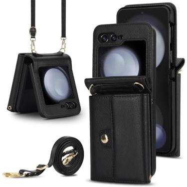 Imagem de Capa de couro com alça de pulso crossbody com suporte de cartão para Samsung Galaxy Z Flip 6 5 4 3 Flip6 Flip5 Flip4 Flip3 Capa carteira, preta, para Galaxy Z Flip6