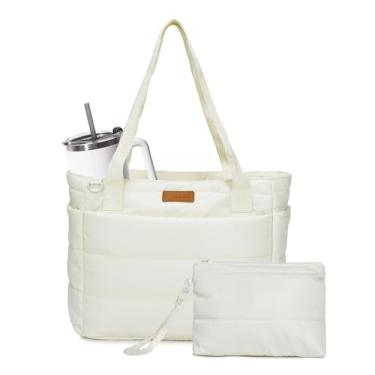 Imagem de FHELAD Bolsa feminina acolchoada grande com bolso frontal com zíper e compartimento para laptop para trabalho, academia, Sacola bege, Large, Bolsa