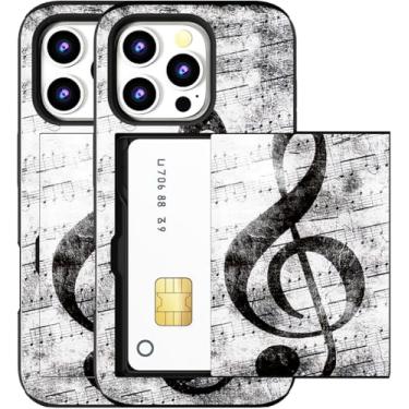 Imagem de MUQR Capa para iPhone 15 Pro Max compatível com porta-cartão fofo - Capa tipo carteira robusta com design Kawaii, proteção contra quedas de nível militar (nota musical preta musical)