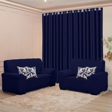 Imagem de Kit Sala Liso, Capa Sofá 2 e 3 Lugares, Cortina 3m, 4 Capas Almofada, Poliéster (MARINHO)