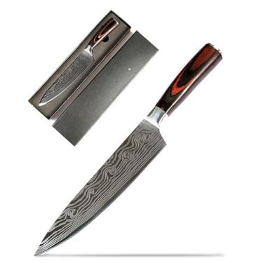 Imagem de Conjunto de facas de chef damasco. Aço japonês profissional de alto carbono. Lâmina 7Cr17mov. Alça Woden de conforto ergonômico. 20 cm