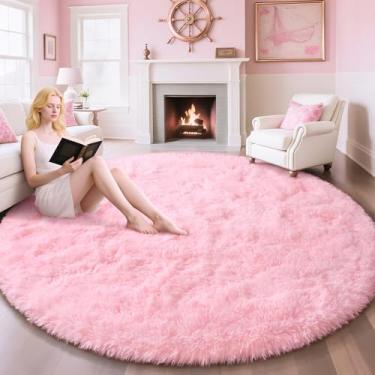 Imagem de EVOIONOS Tapete redondo rosa para quarto, 1,8 x 1,8 m, tapetes macios e macios para sala de estar, tapete circular felpudo de pelúcia para piso interno, cabeceira, berçário, lavável na máquina