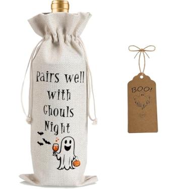 Imagem de Julont 1 bolsa de vinho para presentes noturnos Ghouls, sacola de vinho de Halloween, presentes de feliz dia das bruxas, decorações de festa para mulheres e homens, com 1 peça de cartas de bênção
