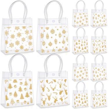 Imagem de Sweetude 24 sacos de presente de PVC com alças 14 × 19 × 7,8 cm sacolas reutilizáveis transparentes para festa (Natal dourado)