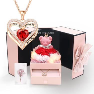 Imagem de Caixa de presente de rosa vermelha preservada com colar de coração eterna rosa real pingente de amor delicado presente romântico para mulheres em aniversário, dia dos namorados