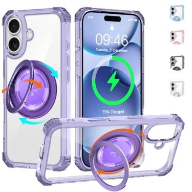 Imagem de WPCase Capa transparente para iPhone 17 com suporte [compatível com MagSafe], capa resistente de grau militar com suporte magnético giratório 360 para mulheres e homens, roxo transparente