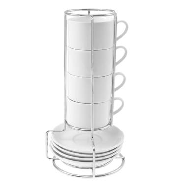 Imagem de Conjunto de 4 xícaras de chá brancas de cerâmica e pires de bambu/caneca de chá para servir chá quente, elegância minimalista, xícara de cappuccino, xícaras de café caneca de cerâmica para cappuccino