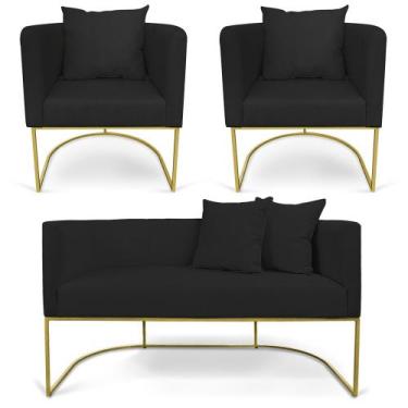 Imagem de Kit 01 Namoradeira 02 Lugares e 02 Poltronas Paola Linho A79 Preto Bas