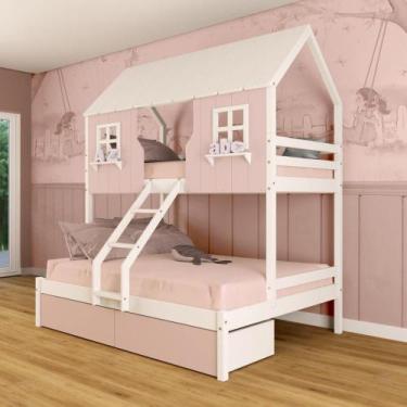 Imagem de Beliche Casal/ Solteiro Casinha Encantada com 02 Gavetas Madeira Maciç