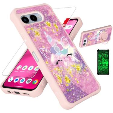 Imagem de jioeuinly Capa para celular T-Mobile Revvl 8 compatível com Revvl 8 [com protetor de tela de vidro temperado][PC rígido + silicone macio][suporte para anel] [glitter dourado + luminoso] JSF-DJS