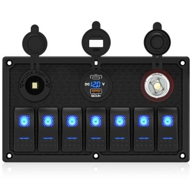 Imagem de GGTA Painel de interruptor de barco marítimo à prova d'água, painel de interruptor basculante de 7 grupos 12 V/24 V com carregador USB duplo de 3,1 A 15A interruptor de interruptor de luz de fusível