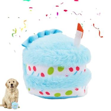 Imagem de GIOJIO Brinquedo de aniversário para cães, bolo de aniversário de pelúcia estridente para festa de cães, brinquedos de presente enrugados para cachorrinhos médios, grandes e pequenos (azul triangular)