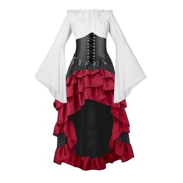 Imagem de GOLDSTITCH Fantasia feminina de pirata medieval renascentista camisa saia espartilho cinto fantasias de pirata Halloween, Vermelho, M