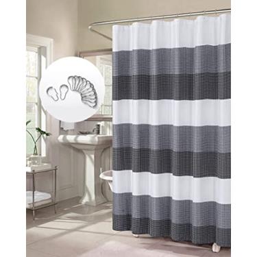 Imagem de Dainty Home Cortina de chuveiro de tecido ombré listrado 3D Waffle trançado texturizado ombré listrado com 12 ganchos de bola incluídos 177,78 x 182,88 cm preto