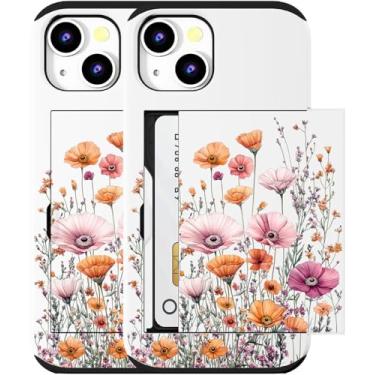 Imagem de MUQR Capa compatível com iPhone 15 com porta-cartão fofo - Design Kawaii, proteção contra quedas de nível militar, capa carteira robusta para mulheres (campos de flores brancas e rosa)