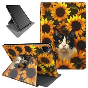 Imagem de BFSEROBJ Capa inteligente para iPad Pro de 11 polegadas 2024 (M4) 360 graus rotativos com suporte para iPad Pro 11 polegadas, versão 2024, versão 2024 - girassóis amarelos e gato