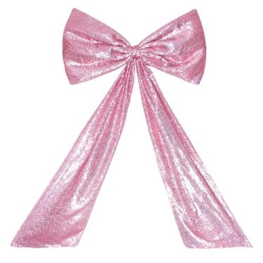 Imagem de PartyDelight Grande laço decorativo gigante fúcsia lantejoulas rosa 61 x 91 cm laço destacável para vestido festa aniversário decoração de quarto pano de fundo coquete decoração de parede