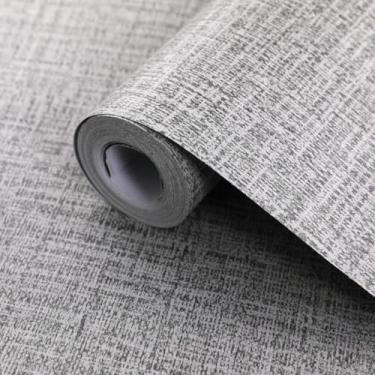 Imagem de ESSMOKO Papel de parede sólido textura de linho autoadesivo material de PVC impermeável papel de parede quarto sala de estar dormitório adesivo de renovação cinza escuro 45 * 1000 cm