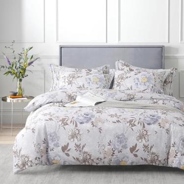 Imagem de ALEISSEL Conjunto de edredom floral de algodão luxuoso, tamanho king - edredom cinza claro com estampas florais e botânicas cinza azulado e acinzentado, vintage leve (King 104 × 224 cm)