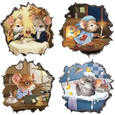 Imagem de fufuquare Decalques de parede com buraco de rato de desenho 3D, descasque e cole, 4 designs engraçados presentes cenas da vida diária adesivos de parede para banheiro, sala de jantar, quarto