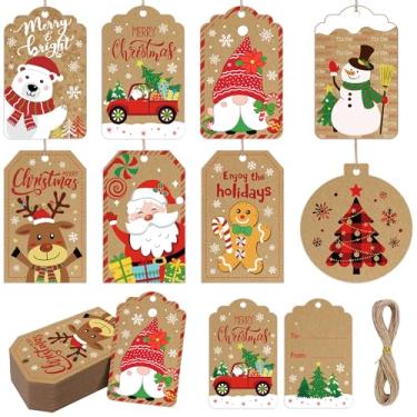 Imagem de 120 etiquetas de presente de Natal de papel kraft com cordão anexado, 8 estilos de etiquetas de pendurar de Natal para caixas de presente de Natal e sacolas de presente, decorações de embrulho de