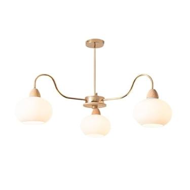 Imagem de Lustre de madeira com 5 luzes de vidro leitoso, moderno de meados do século, Sputnik, luminária de teto, estilo fazenda, vintage, grande, pendente, para sala de estar, quarto, sala de jantar