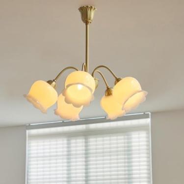 Imagem de Lustre de flores compatível com o quarto de Gilrs, luzes de teto de cobre antigo branco leite, luminária pendente de ouro em forma de V com pétalas, lâmpadas de lustre