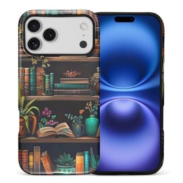 Imagem de FKBRCL4U Capa para iPhone 17 Pro Max, capa híbrida de silicone brilhante de 2 camadas para meninas e mulheres para iPhone 17 Pro Max Bookshelf Book Plants Fantasy Pattern