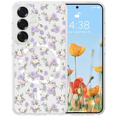 Imagem de RALEAVO Capa para Samsung Galaxy S24 compatível com MagSafe Clear Floral Pattern Design Cute Cover for Girls Women Slim Magnetic Hard Back Shockproof for S24 Phone Case, Purple Flowers