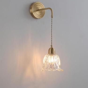 Imagem de Arandela de parede flor dourada com vidro transparente | Luminária de parede nórdica moderna de latão | Abajur tulipa com fiação fixa | Luminária de parede vintage para quarto de fazenda, sa