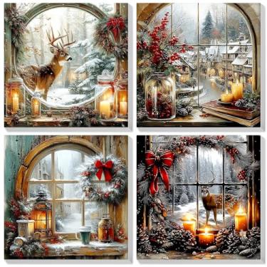 Imagem de Bowetile Pacote com 4 tintas emolduradas de Natal por números para adultos iniciantes, kits fáceis de pintar por número em tela, kits de artesanato de pintura com números acrílicos, presentes de Natal