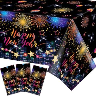 Imagem de Adirasenotek 3 peças de toalha de mesa feliz ano novo, capas de mesa de plástico descartáveis para artigos de festa de feliz ano novo, decorações de festa de inverno, 203 x 128 cm