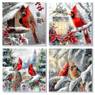 Imagem de DOMROM Kit de pintura por números emoldurados de Natal para adultos, kit de pintura cardeal por números para iniciantes com cavalete de madeira, kits de pintura a óleo DIY para decoração de parede de