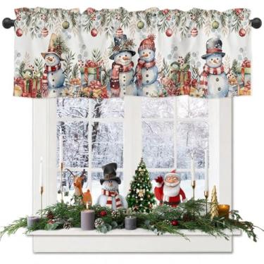 Imagem de Cortina de Poinsétia de Natal para Janelas Retrô Boneco de Neve Bell Berry Rod Pocket Window Treatments Eucalipto Folha Inverno Cortinas Curtas para Cozinha, Janelas, Banheiro, Quarto, 137 x 45 cm