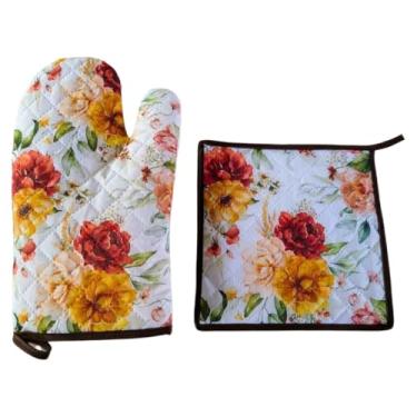 Imagem de Luva TéRmica Para Cozinha: Luva Avulsa, Par De Luvas Ou Kit Com Apoio TéRmico, Ideal Para Forno E FogãO(Floral Marrom,Luva + Apoio Térmico)
