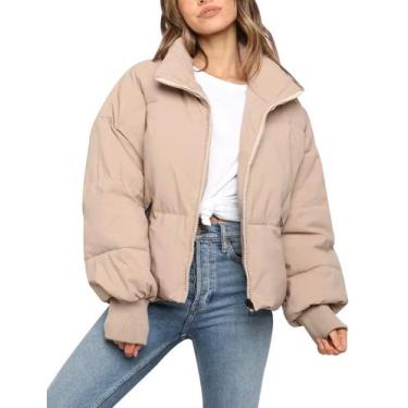 Imagem de Jaqueta acolchoada Flygo Winter Cropped para mulheres, cáqui, tamanho 