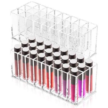 Imagem de 2 suportes organizadores de batom de acrílico transparente com 24 compartimentos, superfície lisa, fácil acesso, estojos de armazenamento de batom para pincel de maquiagem, delineadores, esmalte de