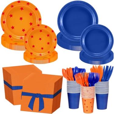 Imagem de Zhehao 168 Pcs Anime Theme Party Decoration Yellow and Red Stars Print Disposable Plates Napkin Cup Fork Knife Spoon for 7 Stars Balls Themed Party Decoration Supplies, Serve 24 Guest