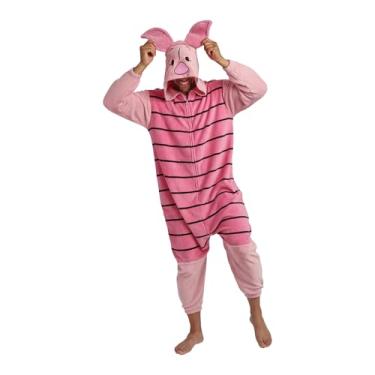 Imagem de Bioworld Macaquinho adulto de manga comprida com capuz do Ursinho Pooh Piglet Kigurumi - 2GG