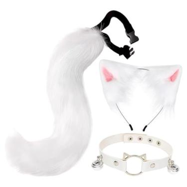 Imagem de Fiocias Conjunto de Orelhas E Rabo de Gato, Faixa de Cabeça com Cauda Longa para Brincadeira de Dramatização em Festa de Halloween, Branco