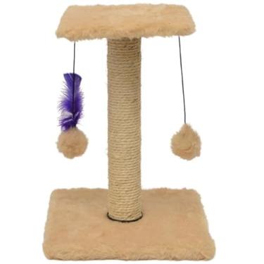 Imagem de Arranhador Para Gatos Pet Poste Sisal Brinquedo Com Bolinha Pena Duas Bases(Bege)