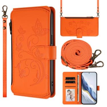Imagem de Capa carteira para Google Pixel 9 com suporte para cartão, bolso com zíper e alça longa - capa fólio de couro com fecho magnético, suporte, capa feminina anti-impressão digital (laranja)